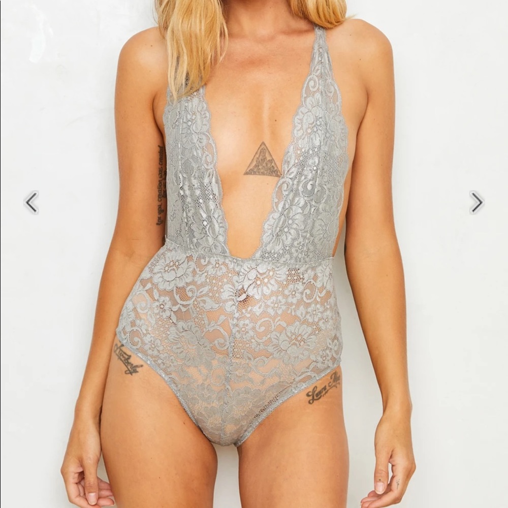 We Are Hah Silver Lace Bodysuit